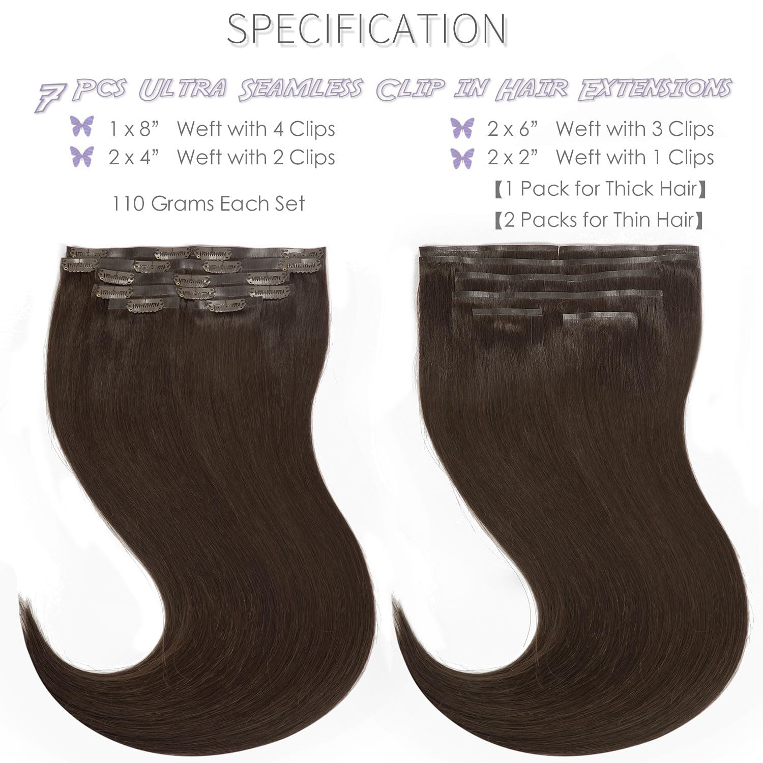 Lacer Extensiones de cabello humano real con clip, extensiones de cabello humano con clip, de 18 pulgadas, sin costuras, trama de poliuretano, 7