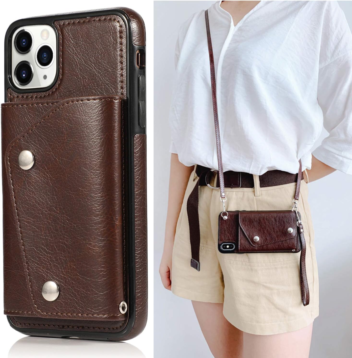 LUVI Funda para iPhone 11 Pro Max con correa para el cuello, correa cruzada, correa de muñeca, funda protectora con ranura para tarjeta de crédito,