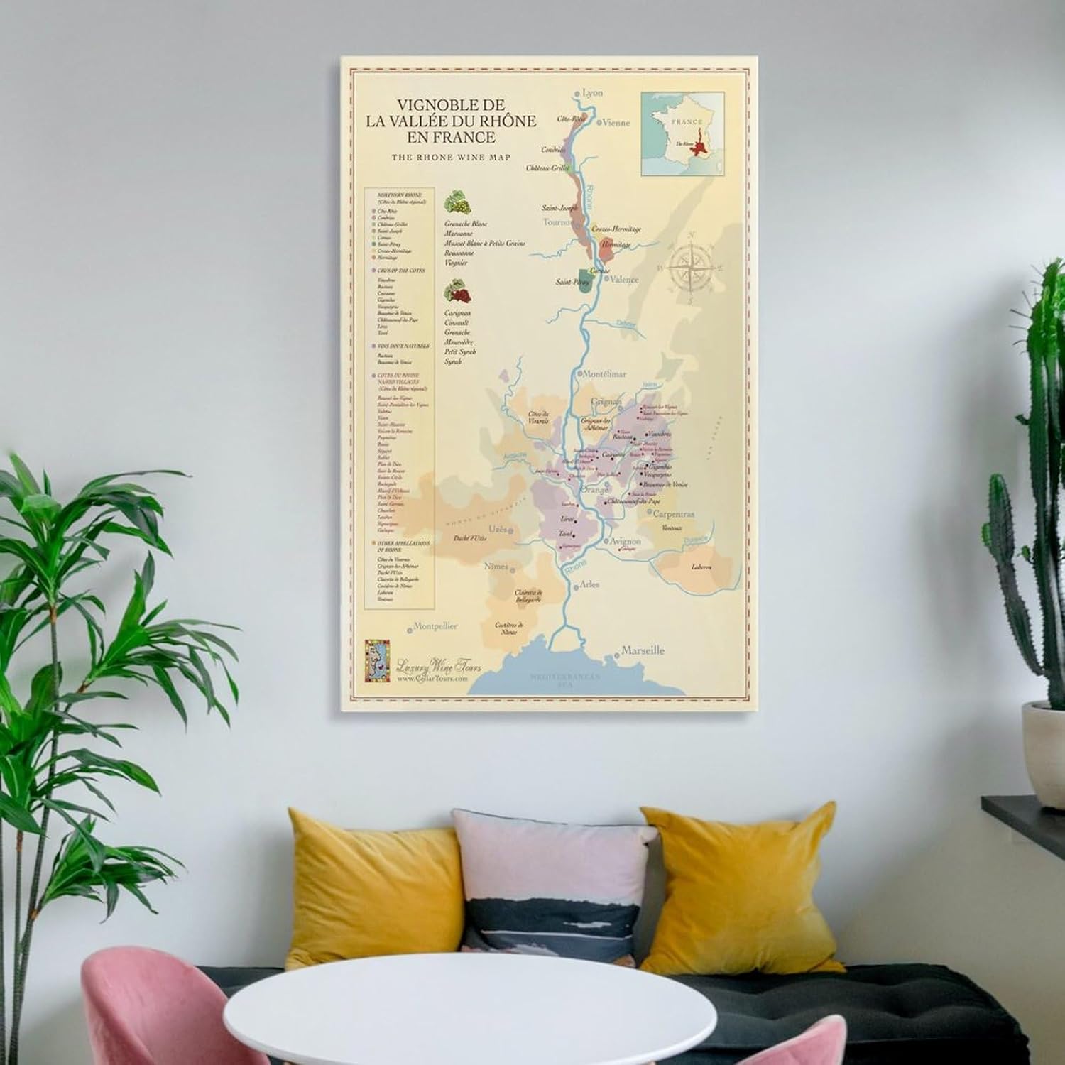 BETSON Póster de Francia, mapa del valle del Ródano septentrional, mapa de regiones vinícolas, póster en lienzo para decoración de pared, pintura
