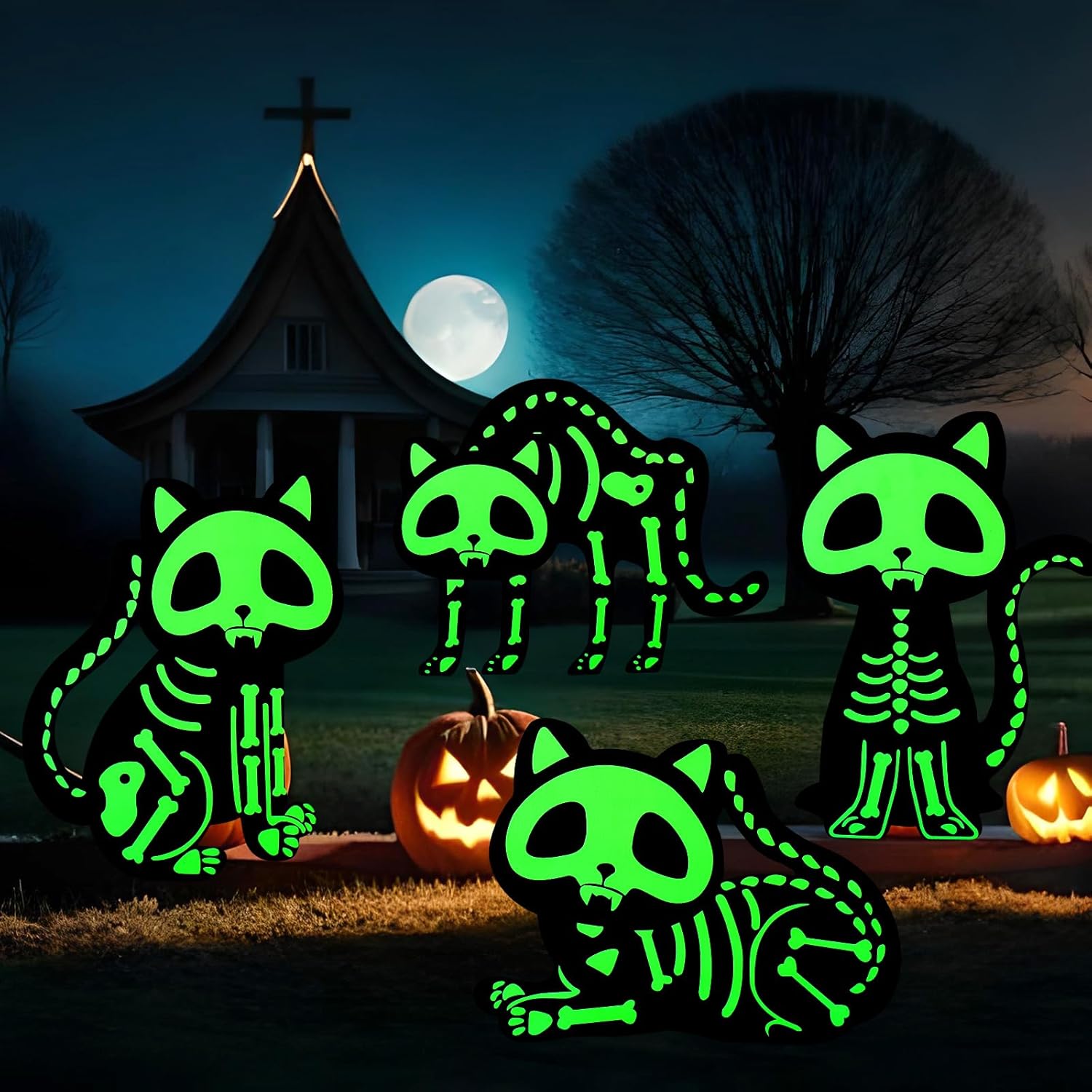 Decoraciones de Halloween para patio, letreros de gato al aire libre que brilla en la oscuridad, esqueleto de gato con estacas para espeluznante