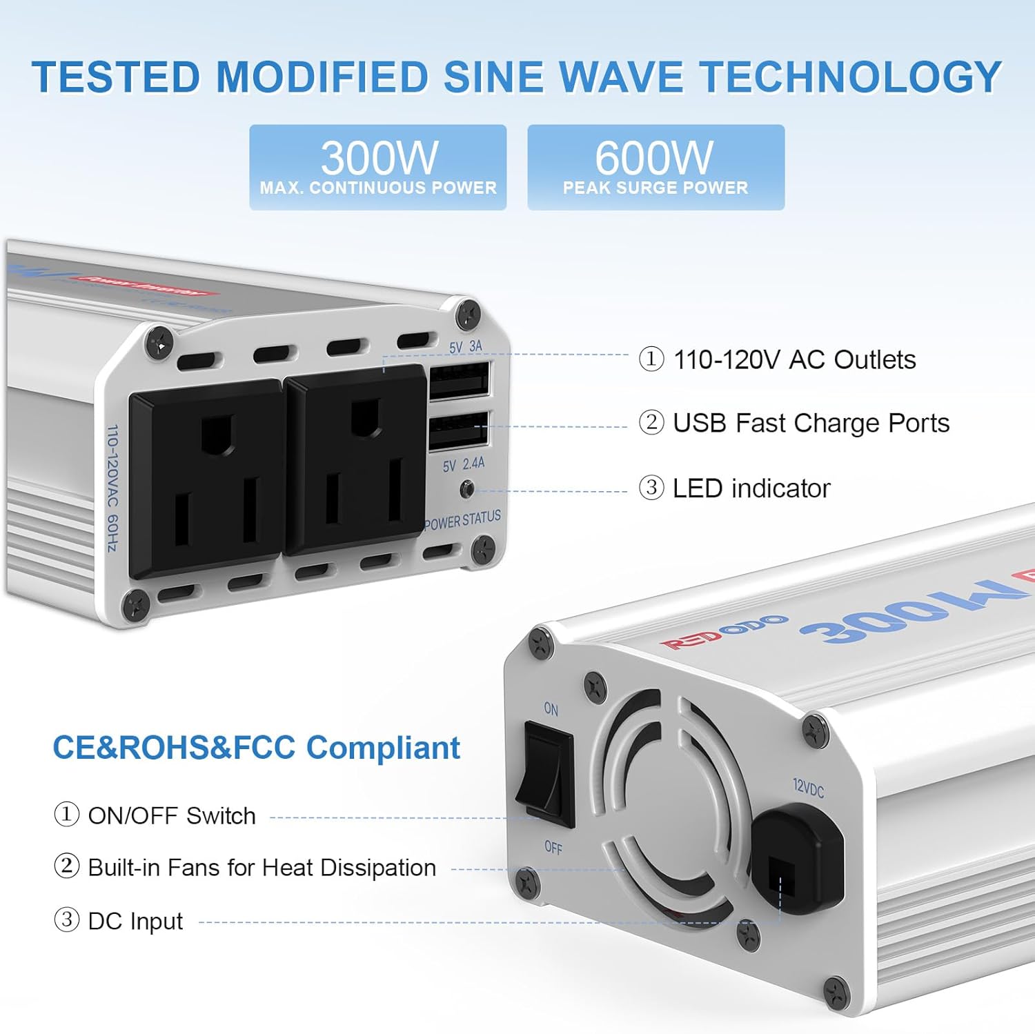 Redodo Inversor de corriente para automóvil de 300 W, 12 V CC, adaptador de onda sinusoidal modificada de CA de 110 V-120 V, convertidor de salida