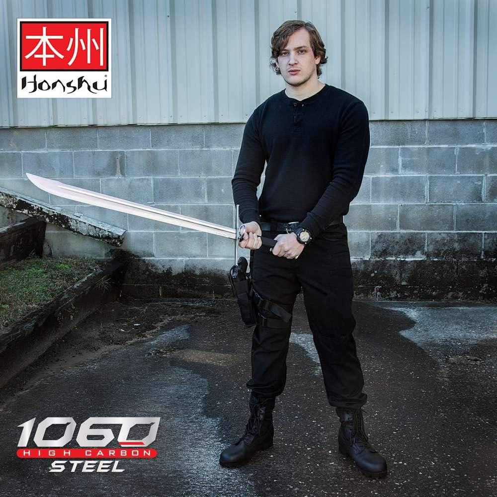 HONSHU Boshin Grosse Messer – Espada y funda de cuero, hoja de acero de alto carbono 1060, mango texturizado TPR, protector cruzado y pomo de acero