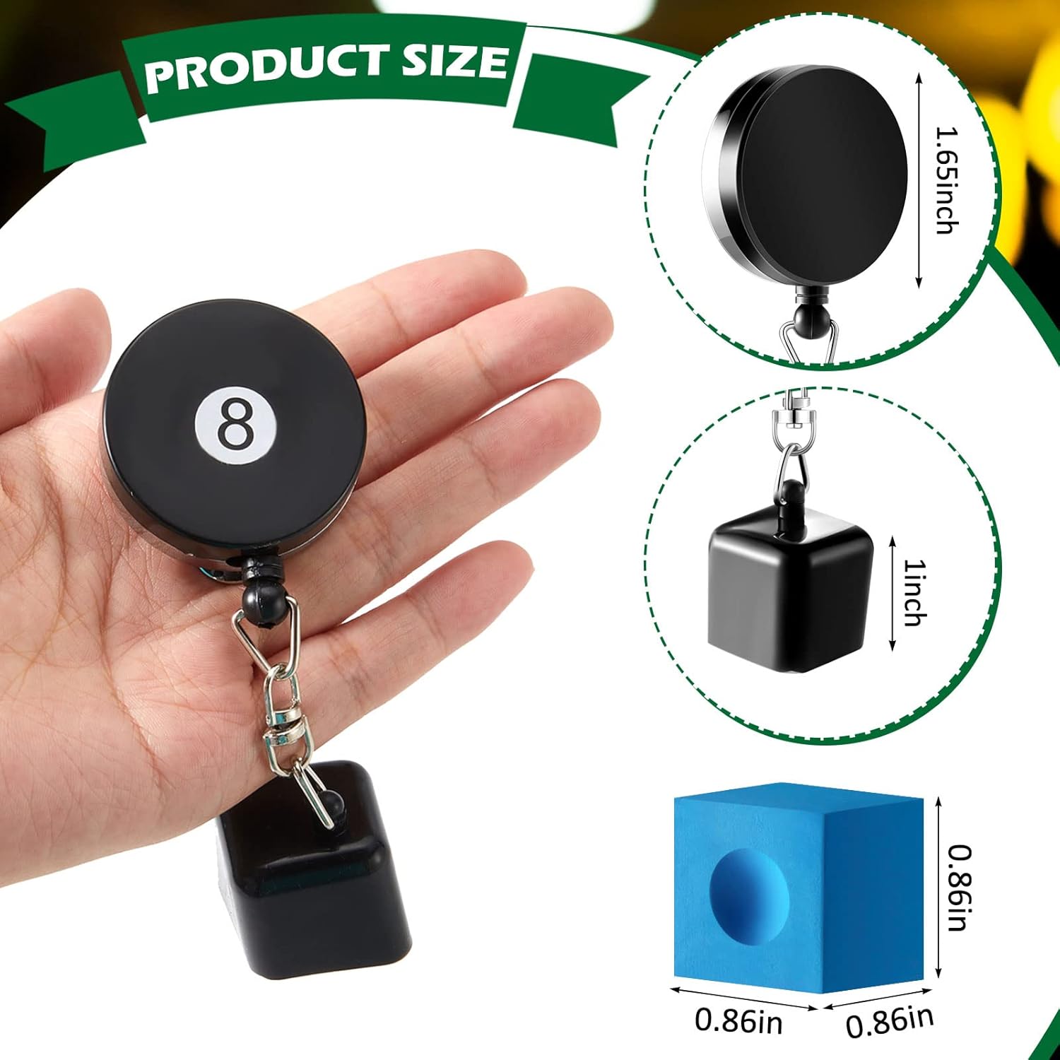 Wettarn Juego de 2 cubos de tiza para billar y 8 cubos de tiza de billar, clip retráctil para cinturón de dibujo, soporte para tiza de piscina, taco
