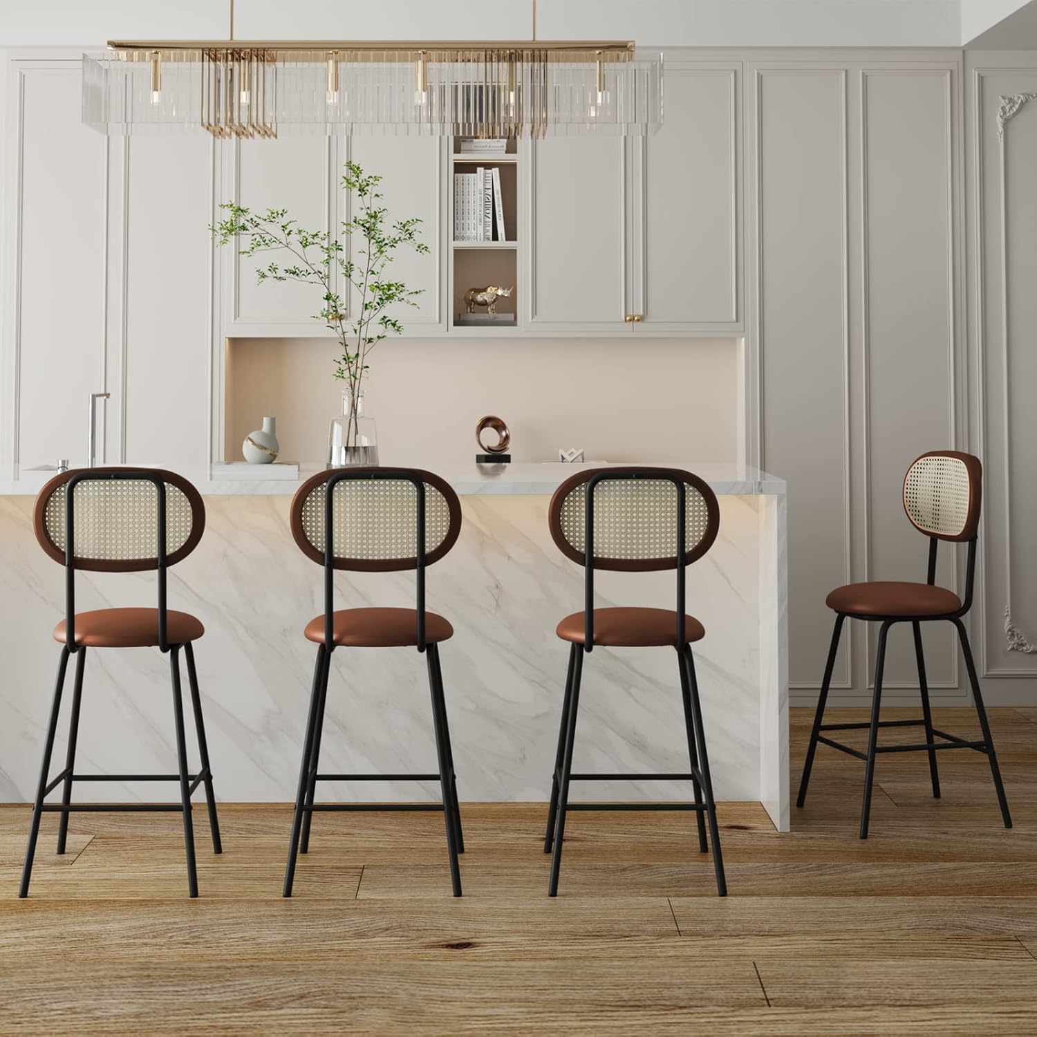 Mjkone Juego de taburetes de bar de cuero de 2.24 pulgadas para interiorexterior, silla de comedor con respaldo de ratán, taburete de bar de altura