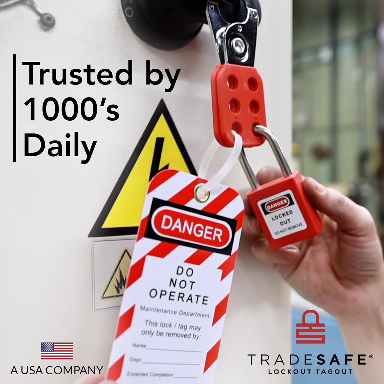 TRADESAFE Etiquetas de bloqueo – 10 etiquetas de peligro de no operar con 10 bridas, vinilo de alta calidad de 32 mil, etiquetas de loto compatibles