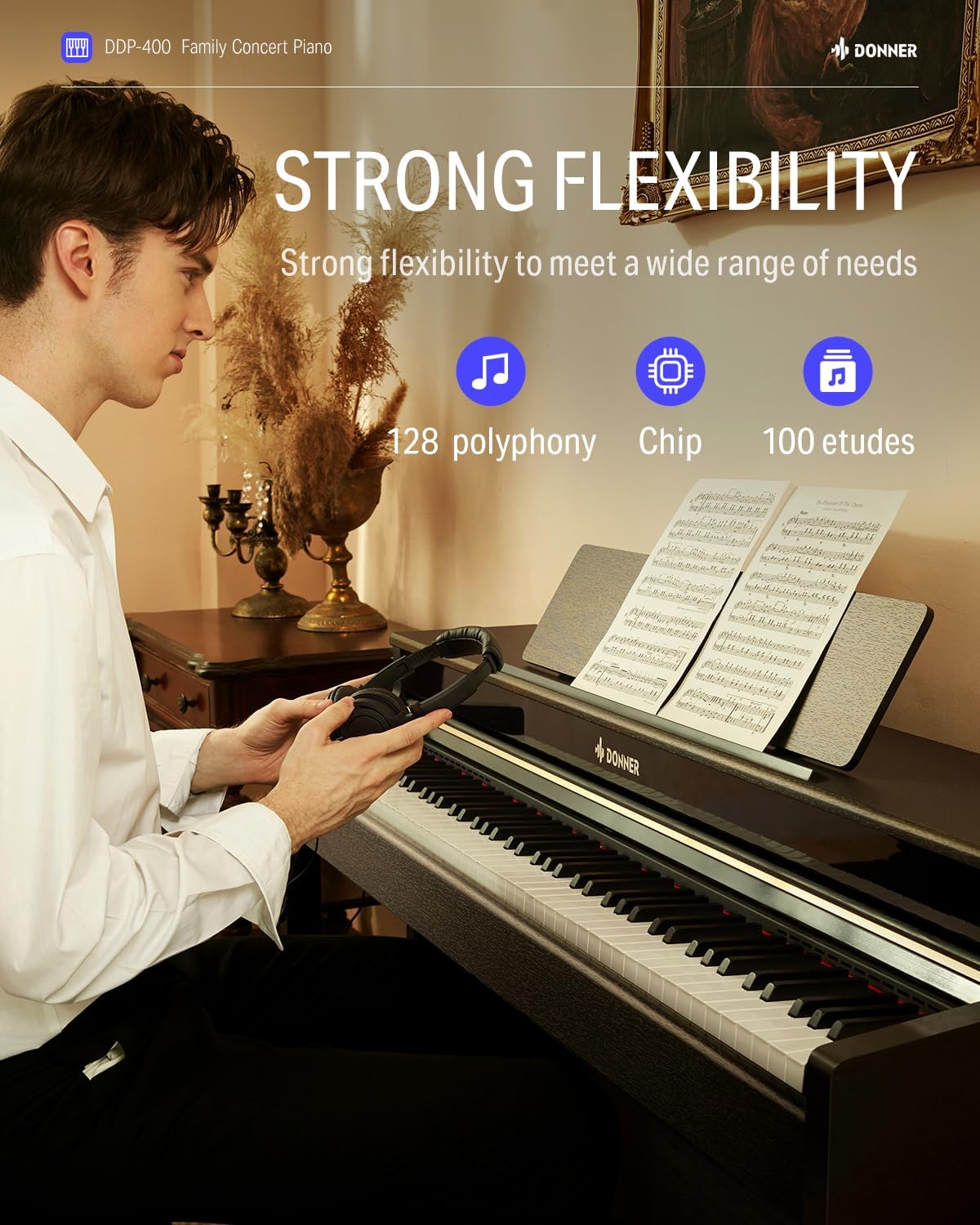 Donner DDP-400 Piano digital con teclado progresivo de 88 teclas, teclado vertical premium para profesionales, paquete con auriculares, Bluetooth,
