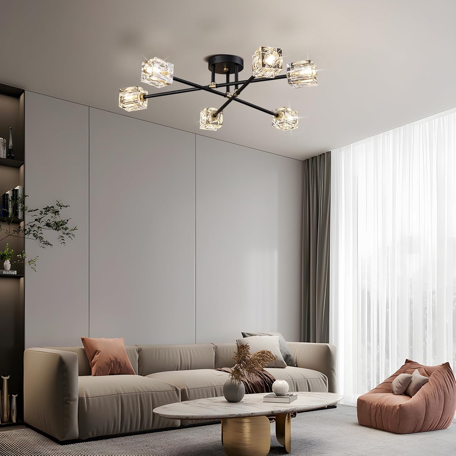 Lámpara de techo semiempotrada de 6 luces, moderna lámpara Sputnik del siglo negro y dorado, accesorios de iluminación de montaje en techo de