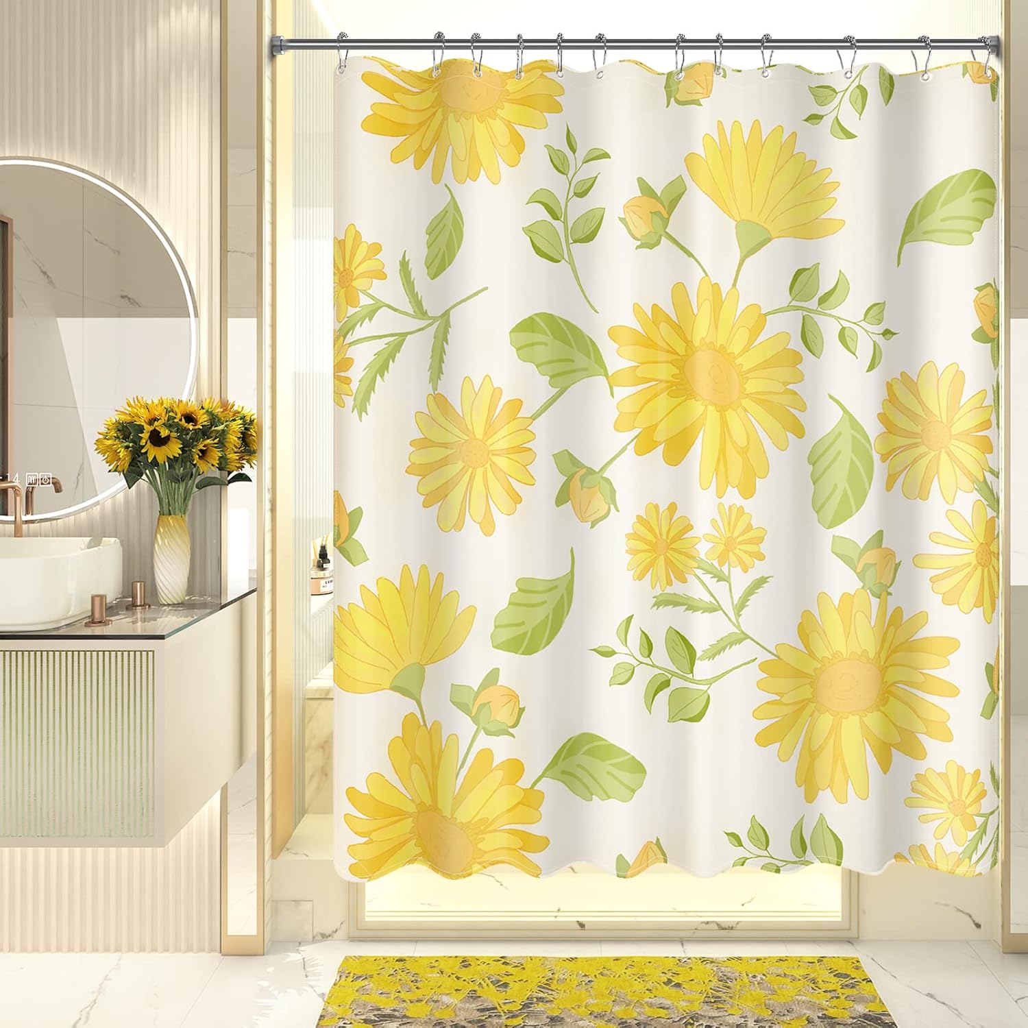 AmazerBath – Juego de cortina de tela para ducha con 12 ganchos, cortina bohemia con diseño de gerbera amarilla, cortina lavable para ducha y baño,