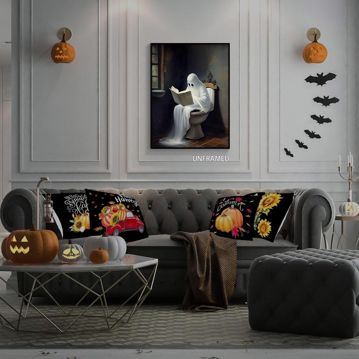 Wodkodnxy Pared de lienzo de libros de lectura de fantasmas en toliet vintage, divertidos pósteres estéticos góticos, fotos de terror de Halloween,