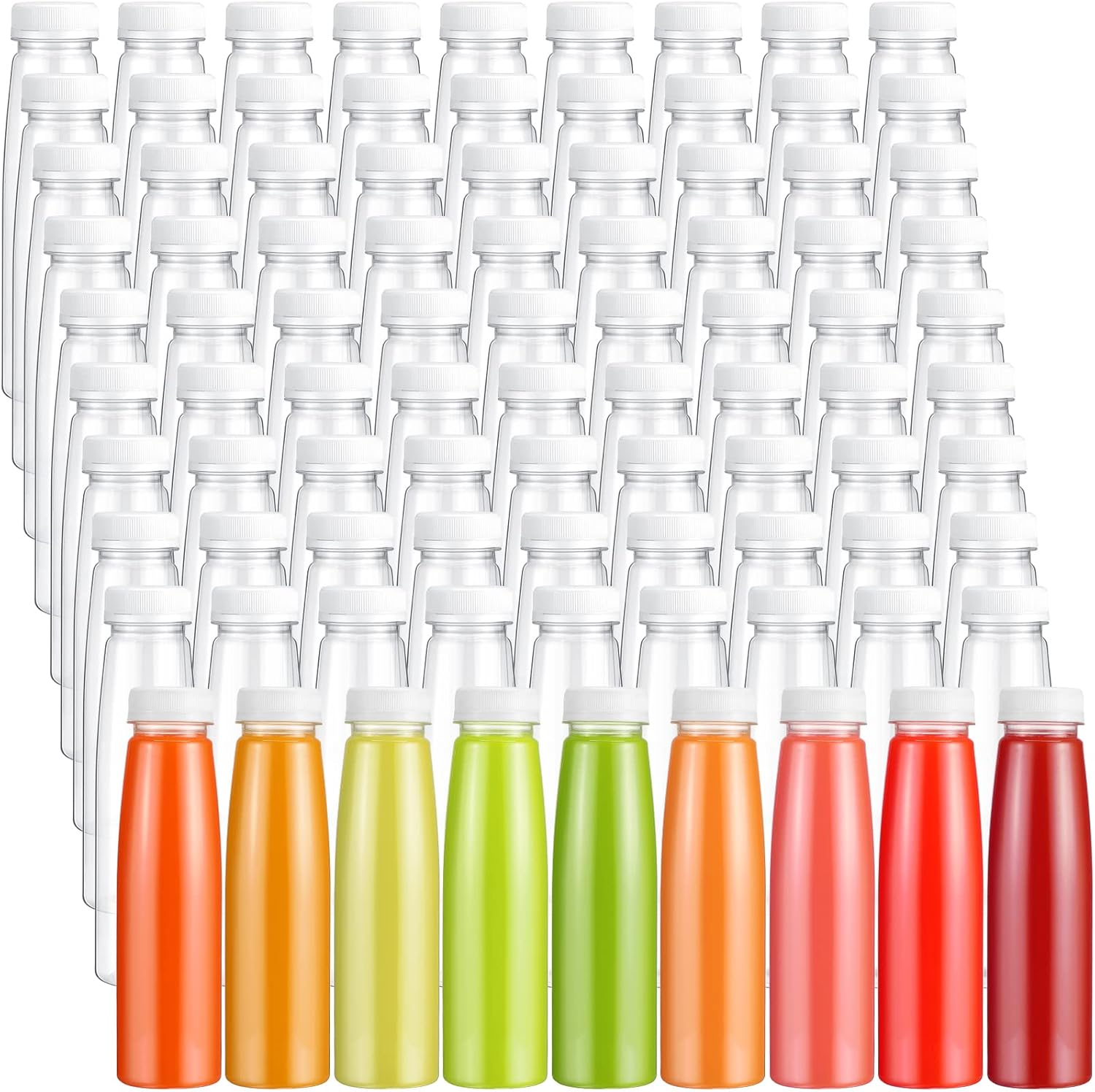 Tanlade 100 botellas de plástico para jugos con tapas, recipientes transparentes reutilizables para bebidas, botellas vacías para jugos caseros,