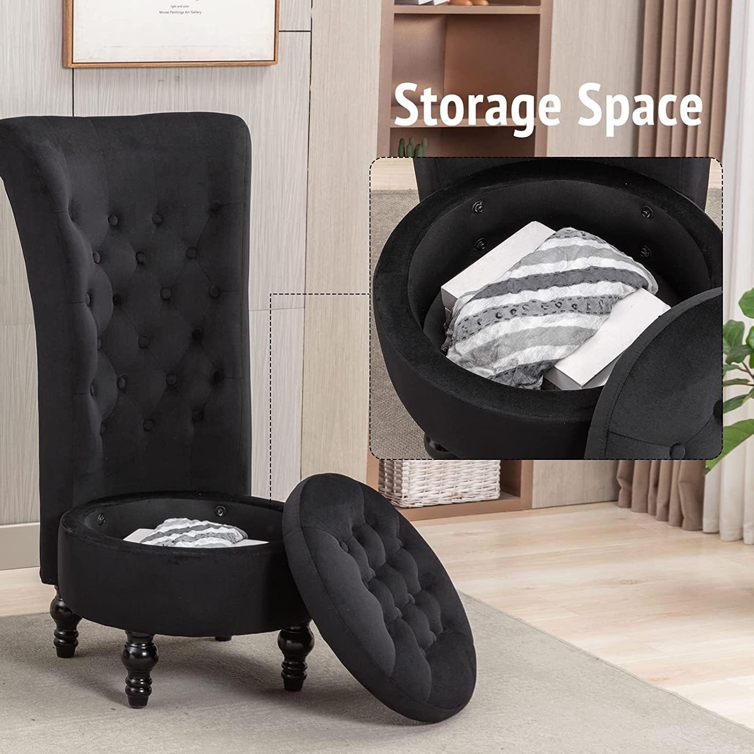 Icoget Silla gótica Queen of Thrones, silla de terciopelo negro con respaldo alto con botones acolchonados, silla decorativa sin brazos con espacio