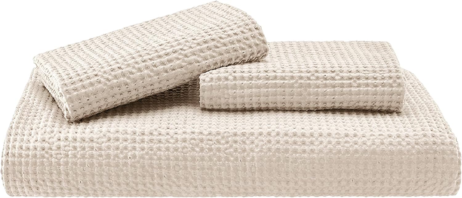 Bedsure Juego de funda de edredón de algodón tamaño King, 100% algodón, tejido de gofre, color beige, suave y transpirable, para todas las