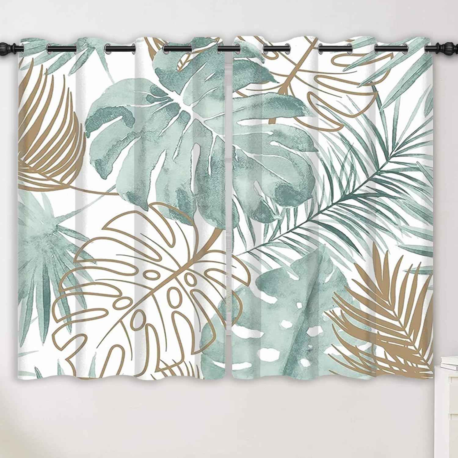 Renaiss Cortinas opacas de hojas tropicales, hojas de Monstera de palmera verde, con aislamiento térmico, para dormitorio, plantas botánicas,