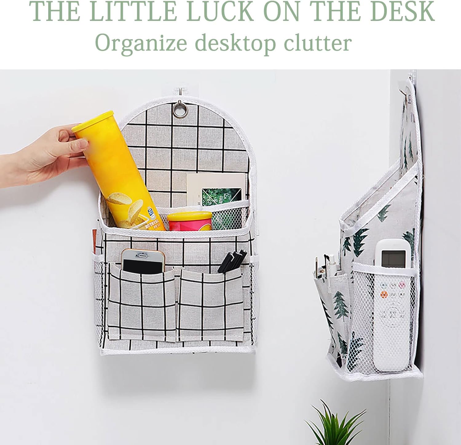 FuninCrea Bolsa de almacenamiento para colgar en la pared, organizador de lino a cuadros blanco y negro, para montar en la pared, sin perforaciones,