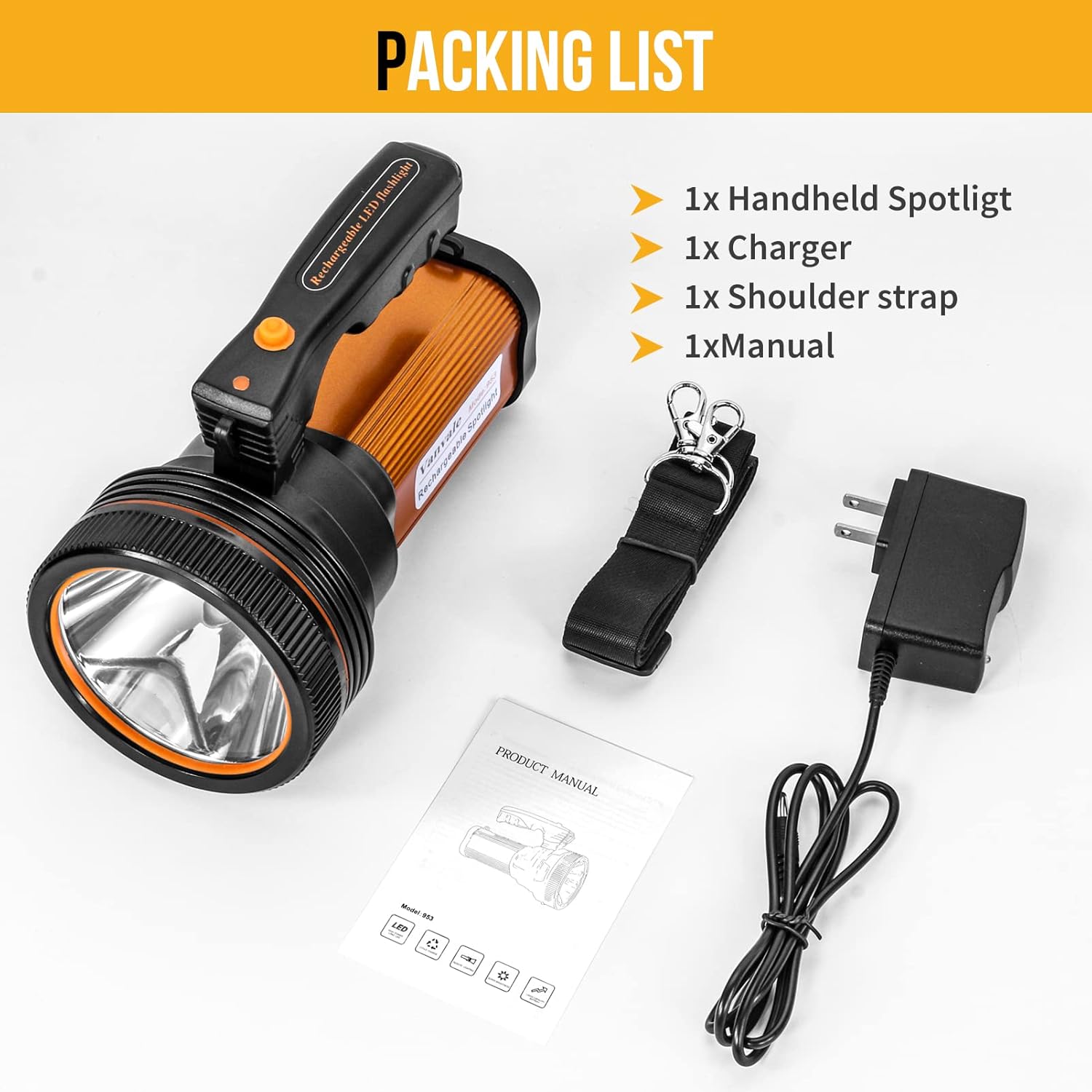 Vanvale Linterna táctica LED recargable de mano con foco de manija, 6000 lúmenes, linterna súper brillante de alta potencia con salida USB (dorado)
