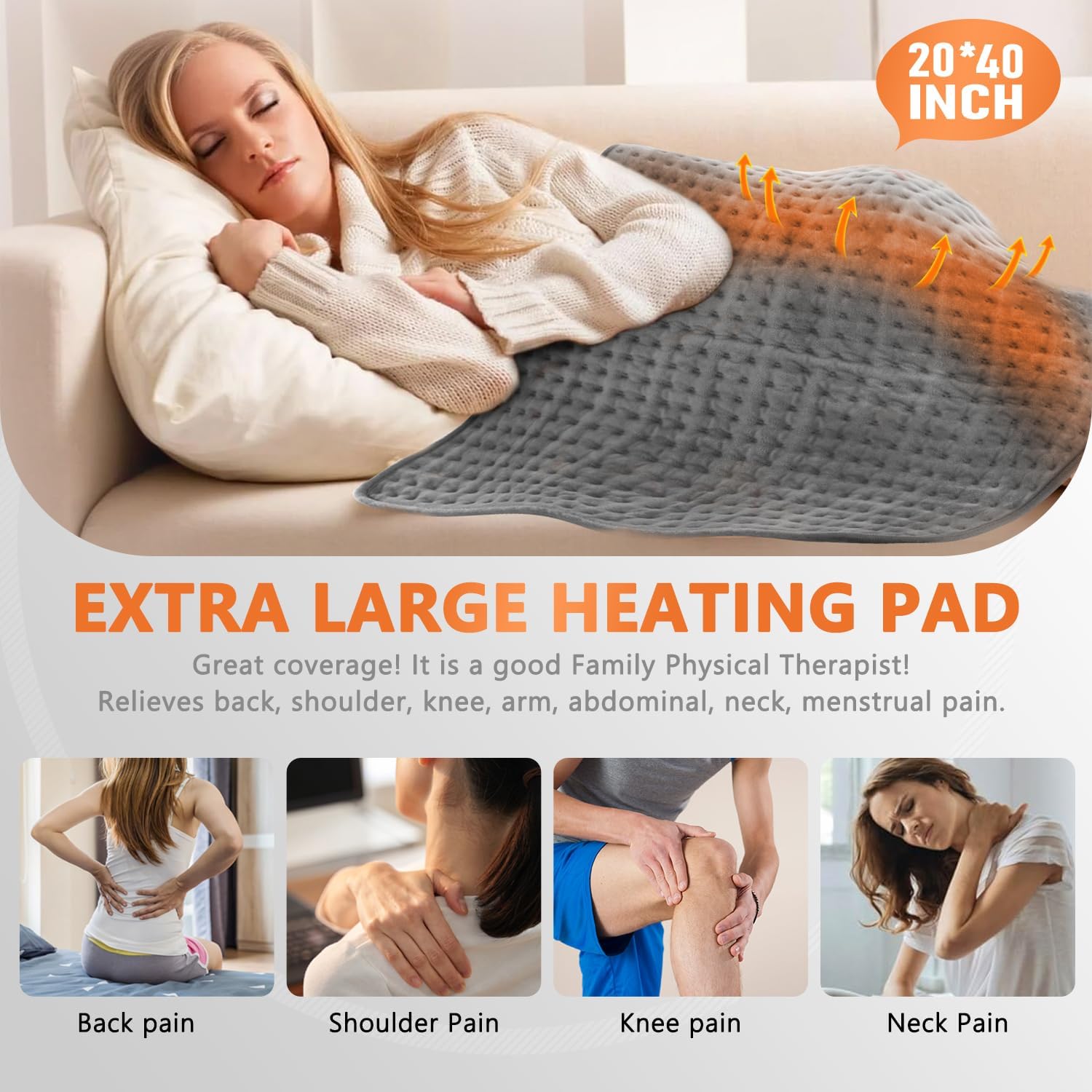 Almohadilla térmica para calambres, almohadillas térmicas XXXL de 20 x 40 pulgadas para aliviar el dolor de espalda, cuello, hombros, abdomen,