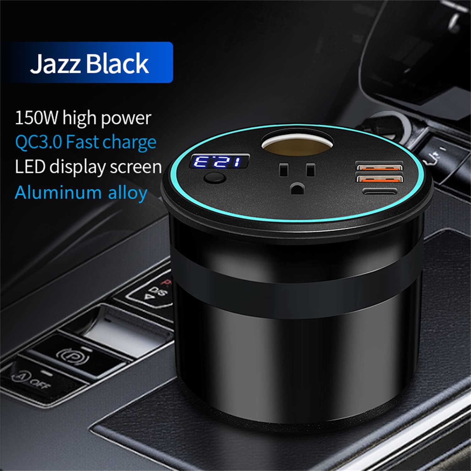 XU Yuan – Inversor de corriente de 150 WPP300 W para vehículos (negro) Diseño de portavasos DC12V a 110V CA  Mini inversor de automóvil con doble