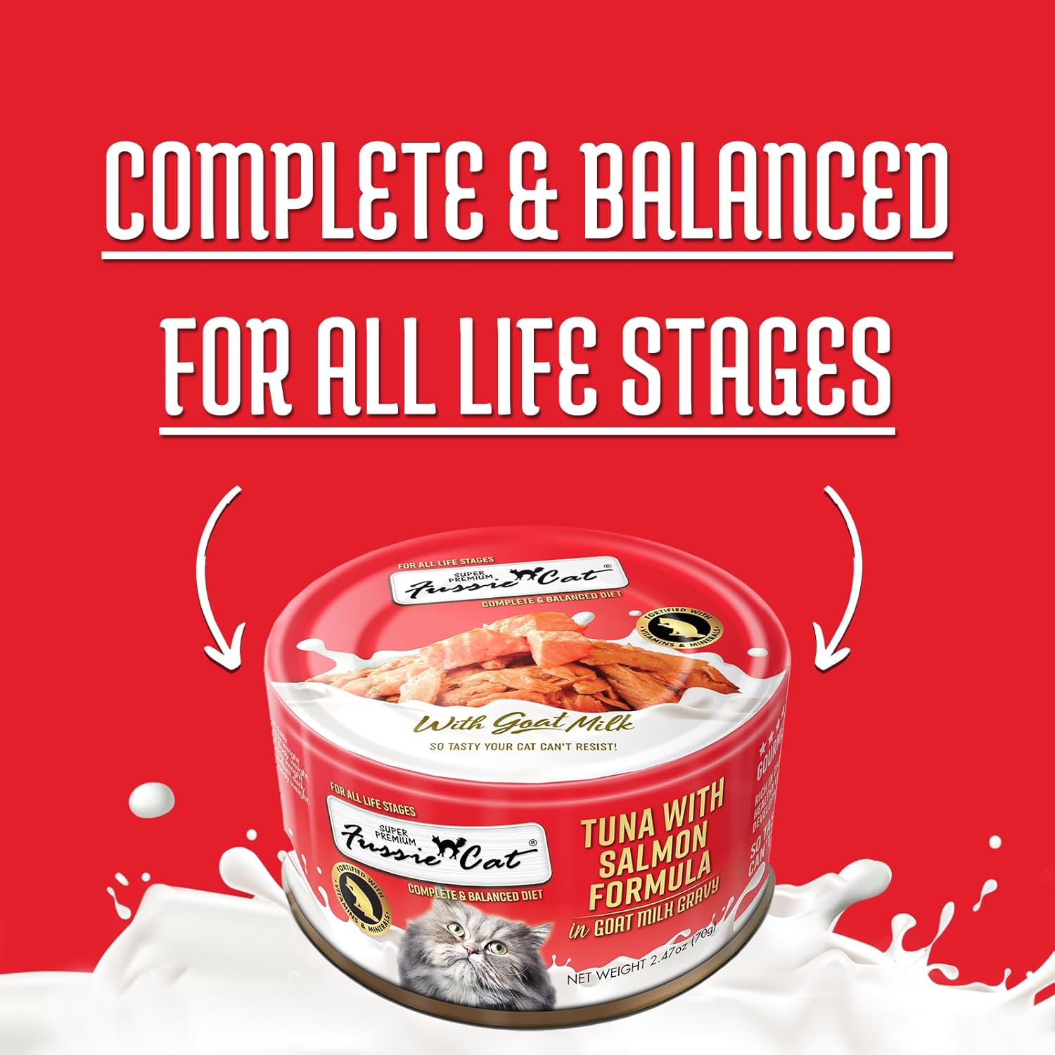 Fussie Cat Super Premium – Alimento húmedo enlatado para gatos en salsa de leche de cabra, latas de 2.47 onzas, caja de 24 paquetes con tapa de lata