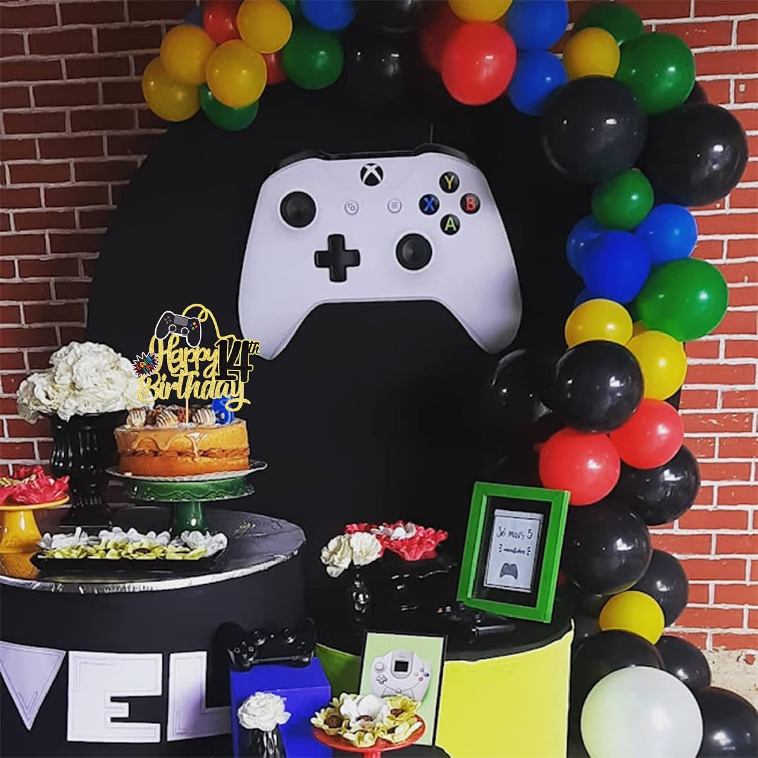 1 pieza de decoración de pastel de feliz cumpleaños 14 con purpurina para videojuegos, juego de selección de pasteles en controladores, catorce