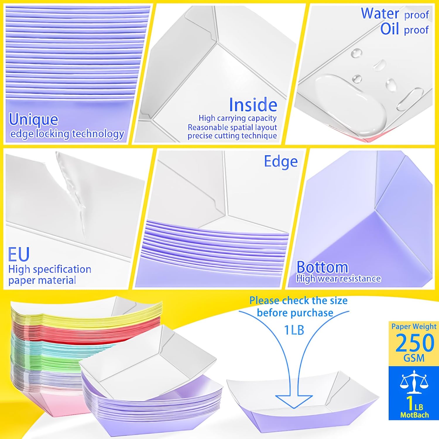 MotBach Paquete de 150 bandejas de papel coloridas de 1 libra, botes de papel desechables, botes de alimentos, botes de papel de colores, bandeja
