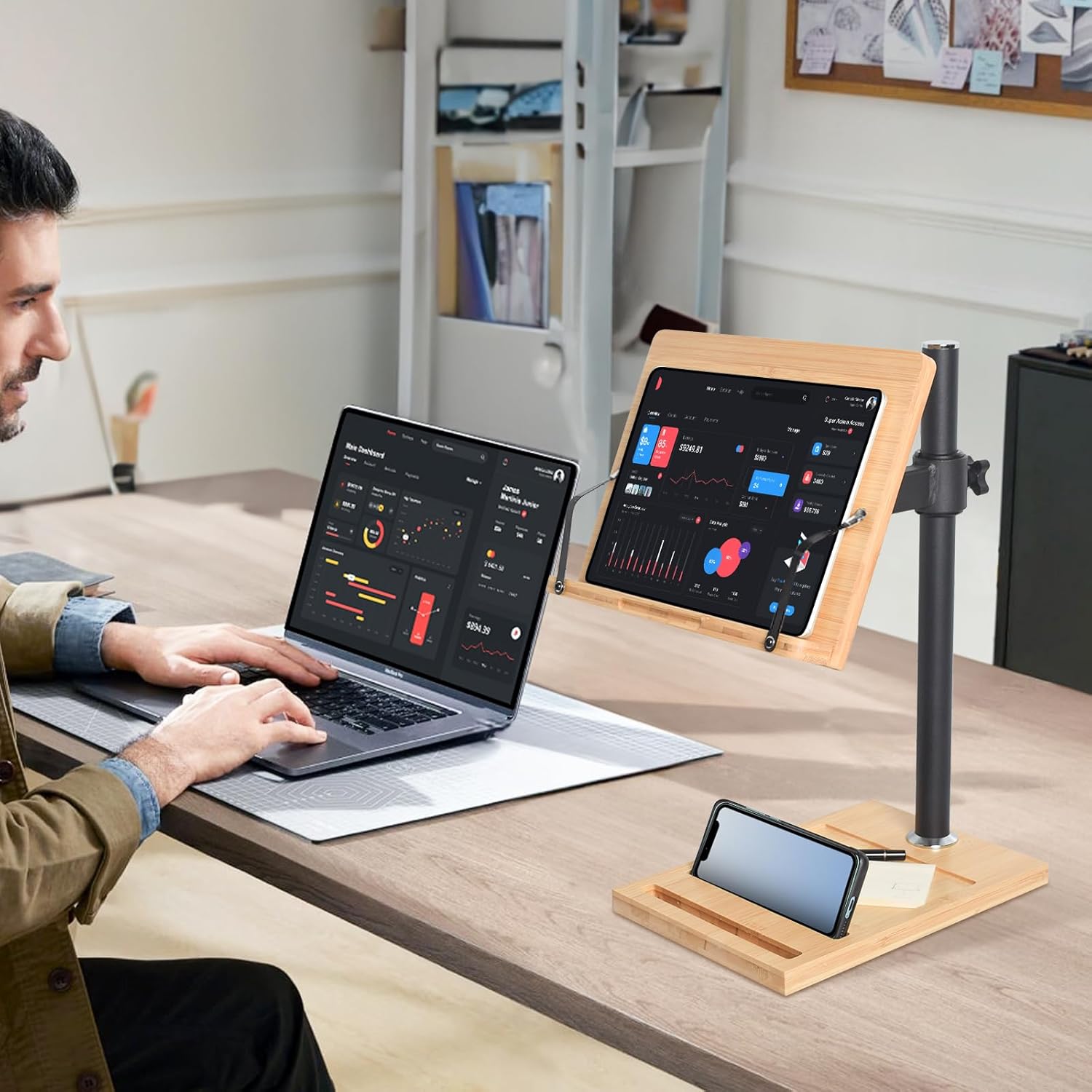 wishacc – Soporte ajustable para libros, con ranura para teléfono y clips para página, plegable para libros de cocina, partituras, laptop, receta,