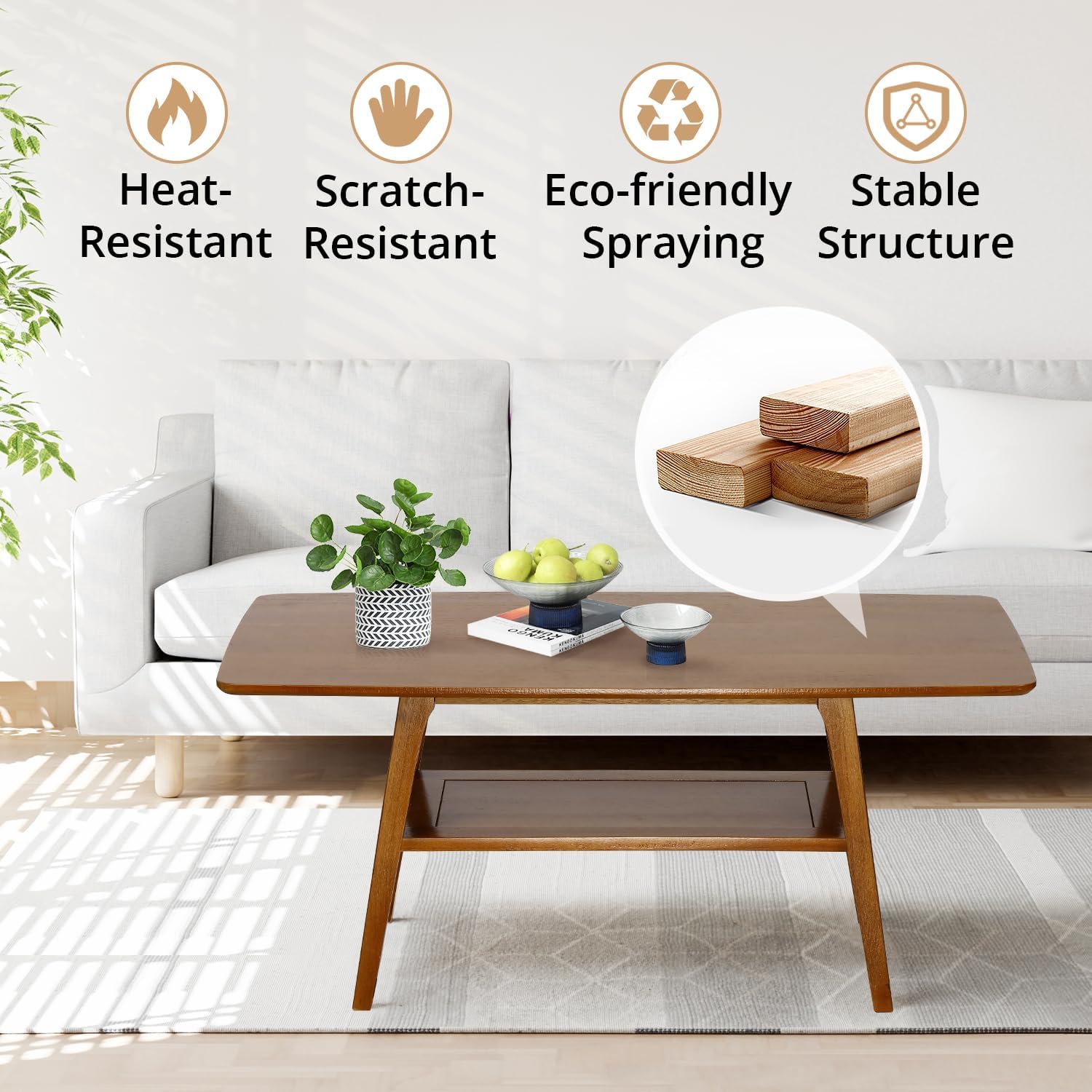Mesa auxiliar, mesa de centro de madera de alta gama con estante de almacenamiento y mesa abierta, mesa auxiliar rectangular de 2 niveles para sala