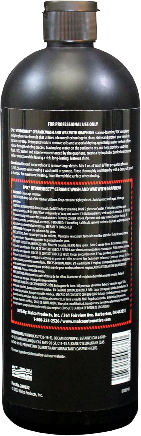 Malco Epic Hydrosheet – Lavado y cera de cerámica con grafenolimpia, brilla y protege tu vehículo en un solo paso32 onzas (260932)