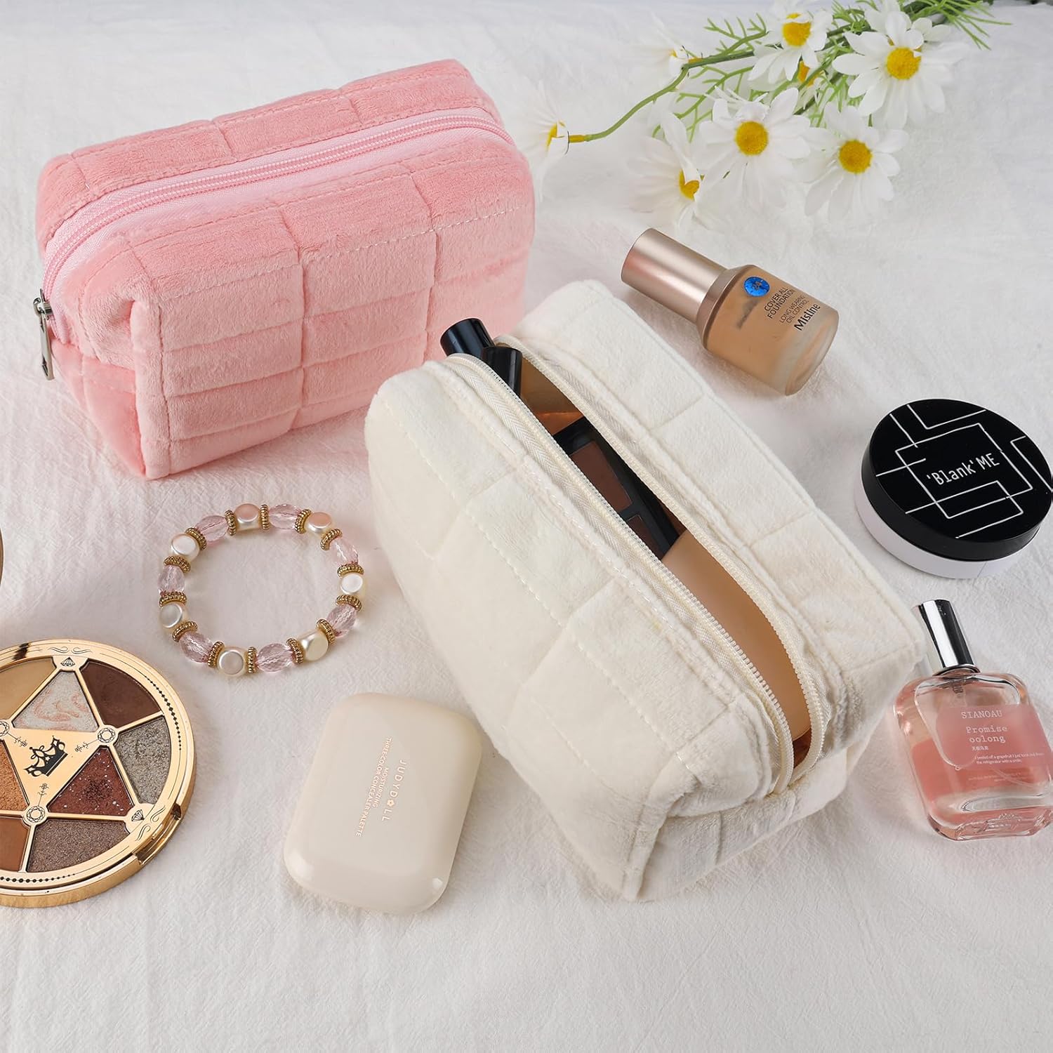 Bolsa de maquillaje de felpa, 2 piezas, bolsa de cosméticos a cuadros, bolsa de maquillaje grande y pequeña para bolso, bolsa de maquillaje linda