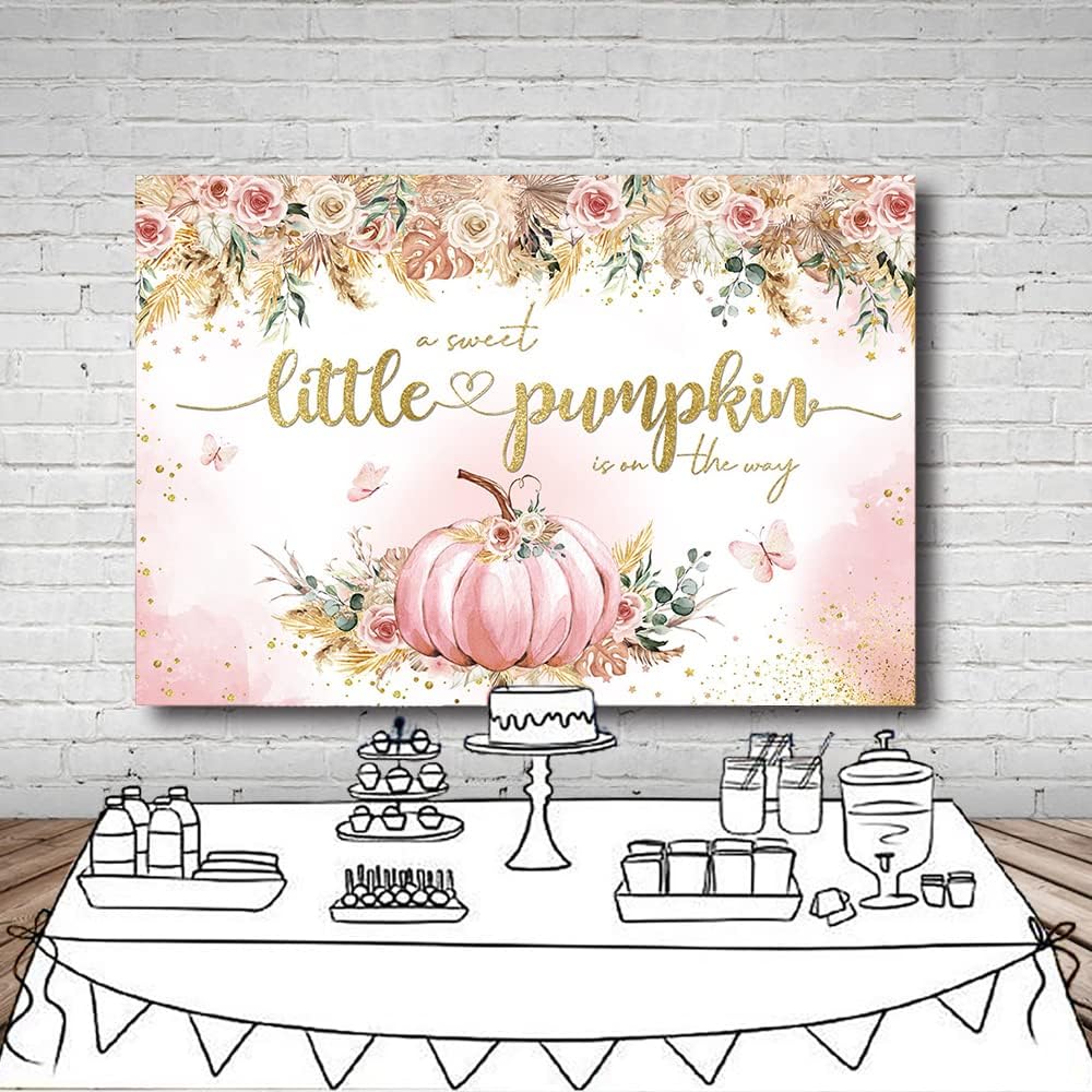 MEHOFOND Telón de fondo bohemio de calabaza de otoño de 7 x 5 pies para niñas, diseño floral rosa con texto en inglés “A Sweet Little Pumpkin Is On
