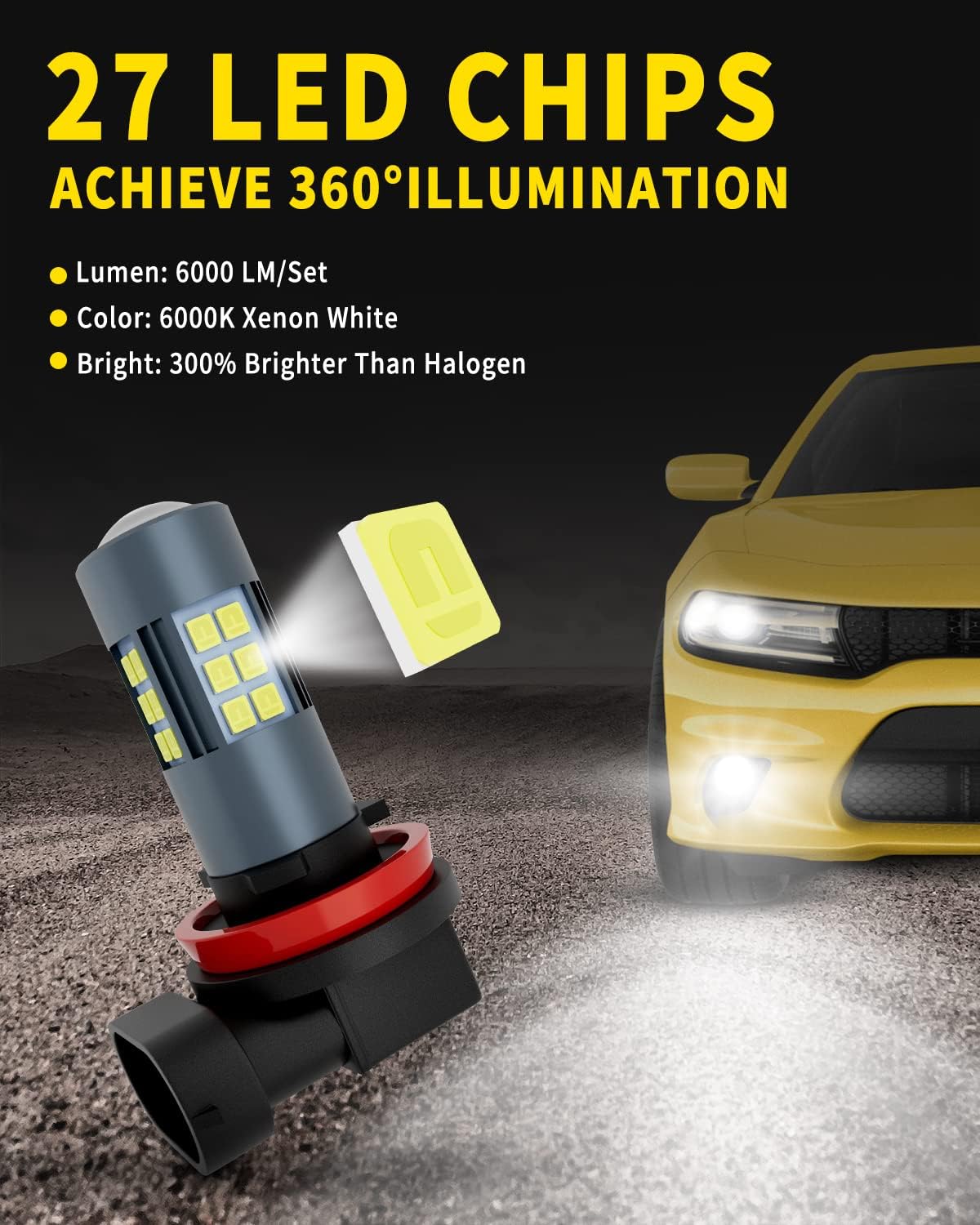 Bombillas LED antiniebla H11H8H9H16DRL, 3000 lúmenes superbrillantes, 6000 K xenón blanco, 300% de brillo, juego y enchufe sin polaridad,