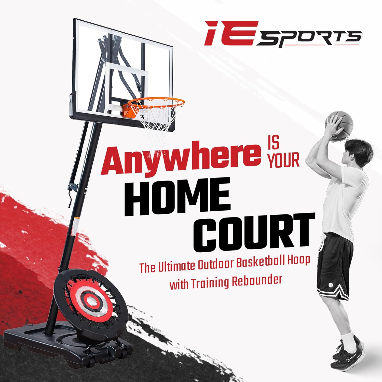 IE SPORTS Aro de baloncesto para exteriores, fácil ajuste de altura de 7.5 a 10 pies, sistema de portería de baloncesto portátil para niños y