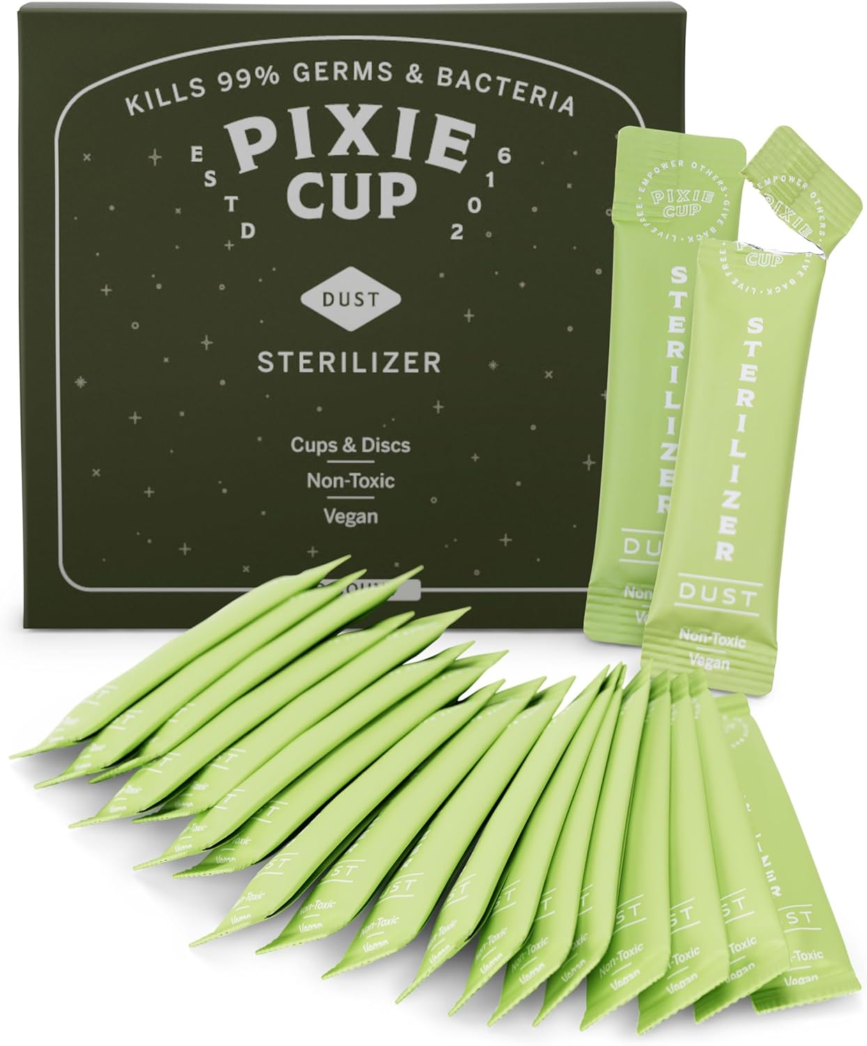Pixie Cup Esterilizador de copa menstrual de polvo, esterilizador de disco menstrual + mata el 99.9% de los gérmenes con limpiador de vasos de