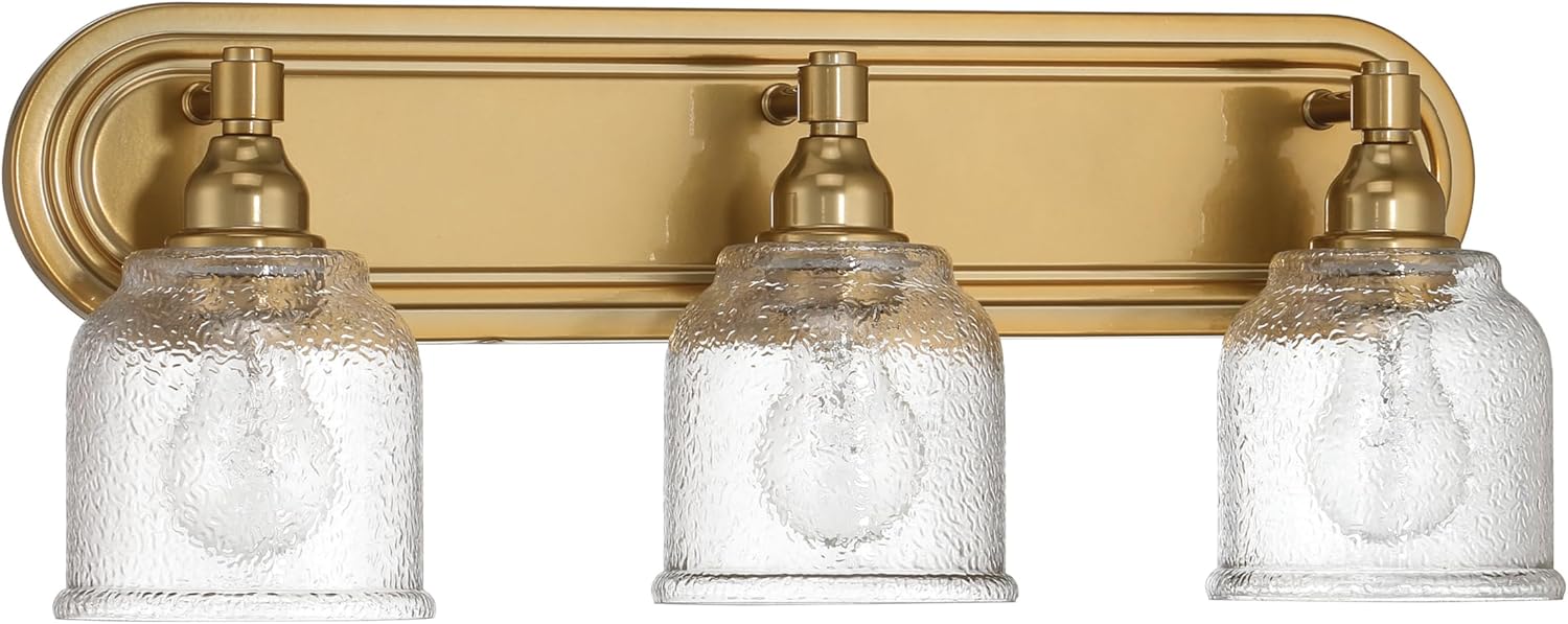 Robert Stevenson Lighting Clara – Lámpara de tocador de 3 luces de metal vintage y vidrio envejecido envejecido, oro cepillado