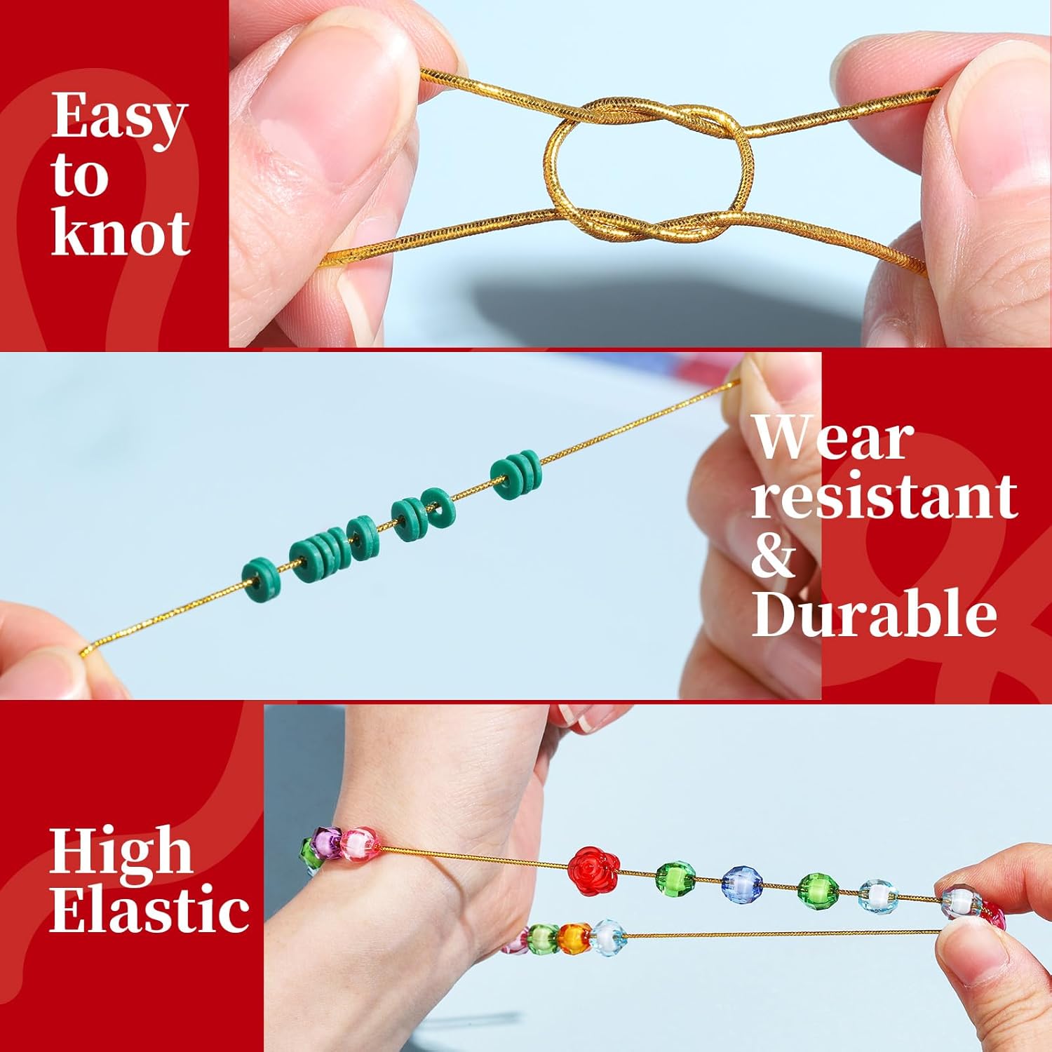 FANDAMEI Cuerda elástica metálica de 0.047 pulgadas, cordón elástico dorado para manualidades, regalo de joyas, cinta elástica para trenzas de