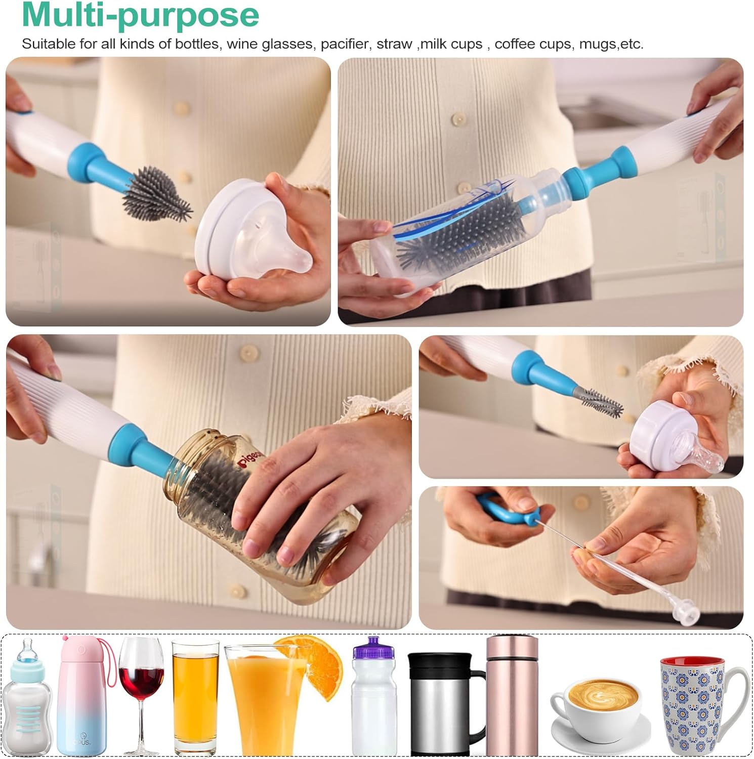 KINTTO Limpiador eléctrico de cepillo para botellas de agua con recargable, juego de limpieza de cepillo de biberón, boquilla reemplazable