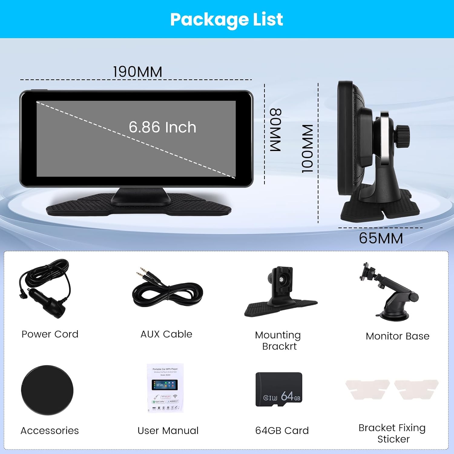 Hikity – Radio portátil inalámbrica para automóvil Carplay 4K, cámara de tablero Hikity de 6.86 pulgadas, pantalla táctil para jugar con Android