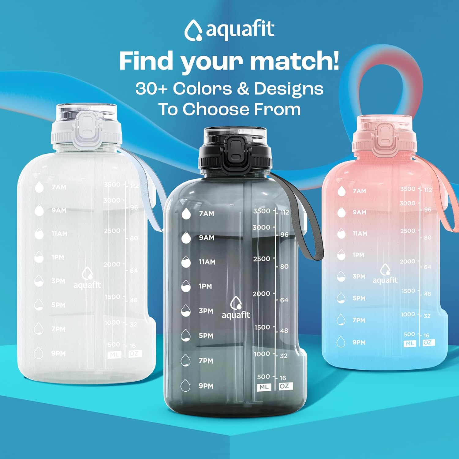 AQUAFIT Botella de agua de 1 galón con popote 2 en 1 y tapa para beber  Botella de agua de un galón con marcador de tiempo y asa, jarra de agua de