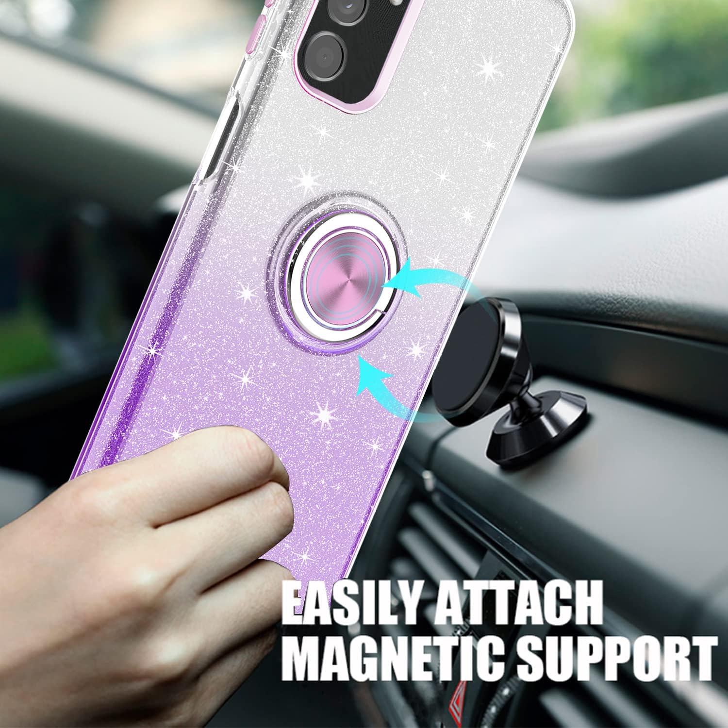TJS Funda compatible con Samsung Galaxy A14 5G, con protector de pantalla de vidrio templado, anillo de metal, soporte magnético, tono brillante,