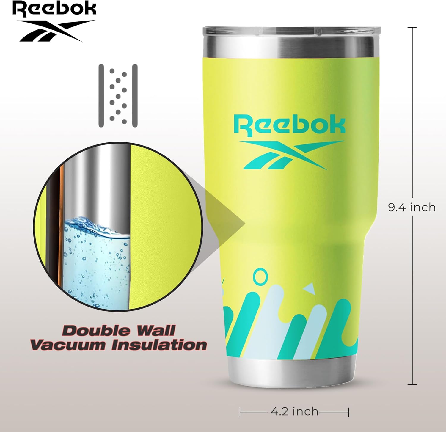 Reebok Lifestyle – Vaso de acero inoxidable a prueba de fugas, con doble pared aislada al vacío, taza de viaje con tapa y popote para bebidas
