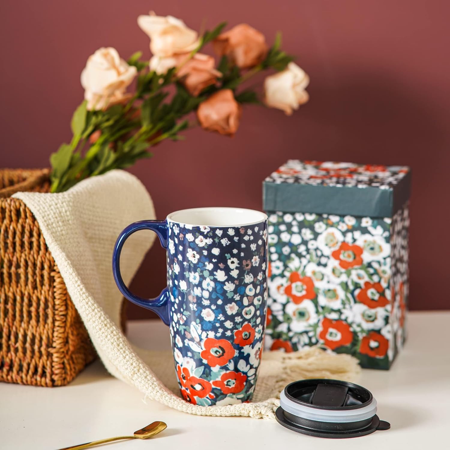 Topadorn Taza de cerámica de café Taza de té de porcelana con tapa 17oz. Floral