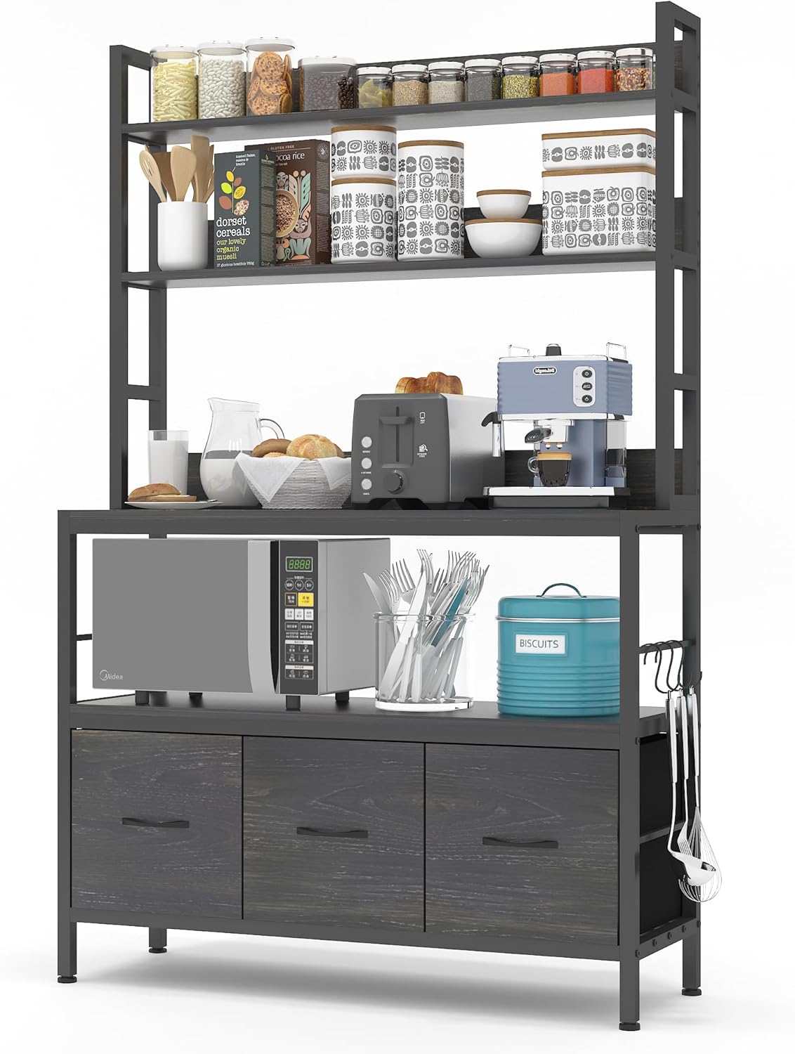Estante para hornear de cocina con cestas, estante de almacenamiento de cocina de 5 niveles, soporte industrial para horno microondas, organizador
