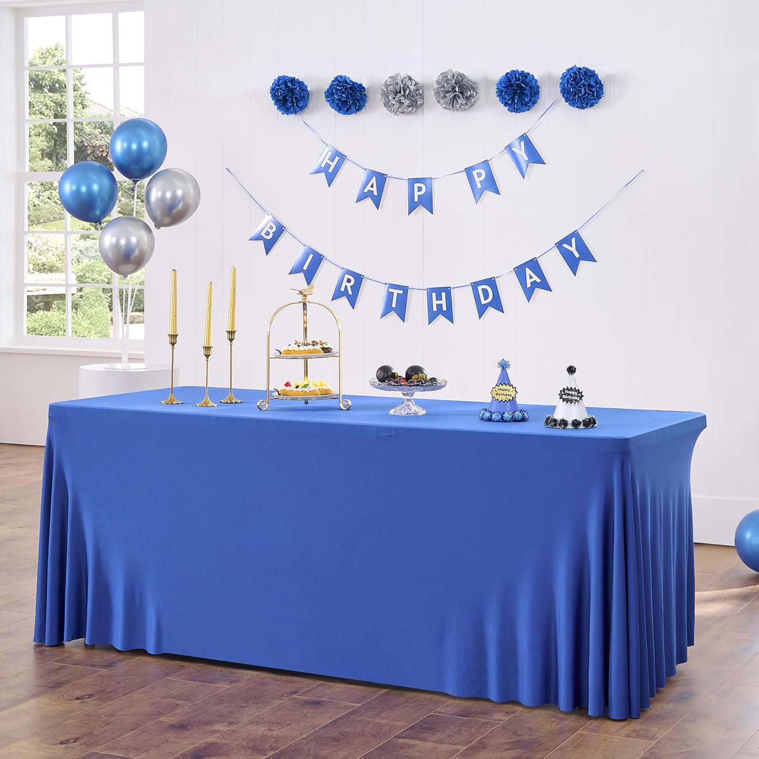 Mantel de 3 lados de elastano azul rey de 6 pies para mesas rectangulares, resistente a las arrugas, elástico, para fiestas, banquetes, eventos,