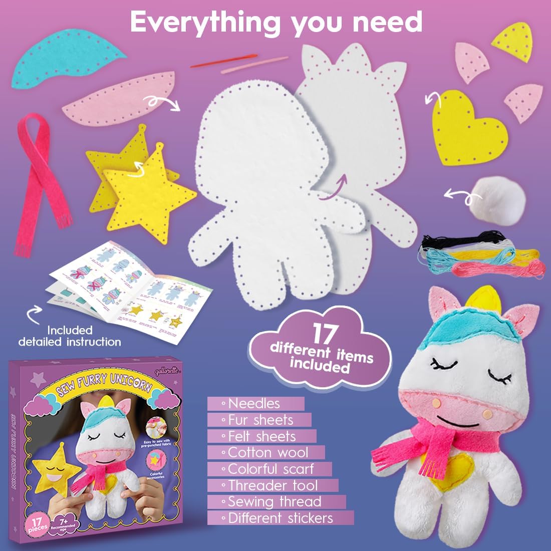qollorette Kit de costura de piel para niños, cose tu propio unicornio de juguete de manualidades para niños, kit de costura para niños, aprende a