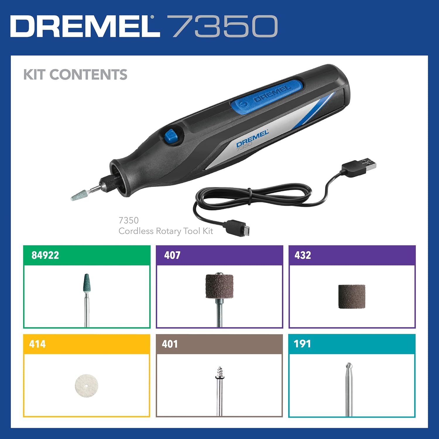 Dremel 7350-5 Kit de herramientas rotativas inalámbricas, incluye batería de iones de litio de 4 V y 5 accesorios de herramientas rotativas, ideal