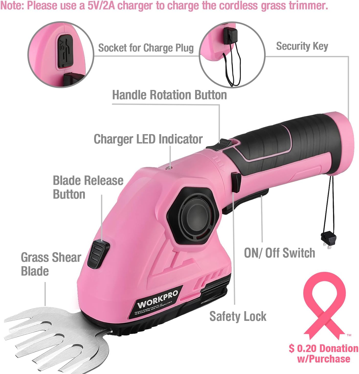 WORKPRO Pink Cordless Grass Shear & Shrubbery Trimmer – 2 in 1 Handheld Hedge Trimmer 7.2V Electric Grass Trimmer Hedge ShearsGrass Cutter 2.0Ah