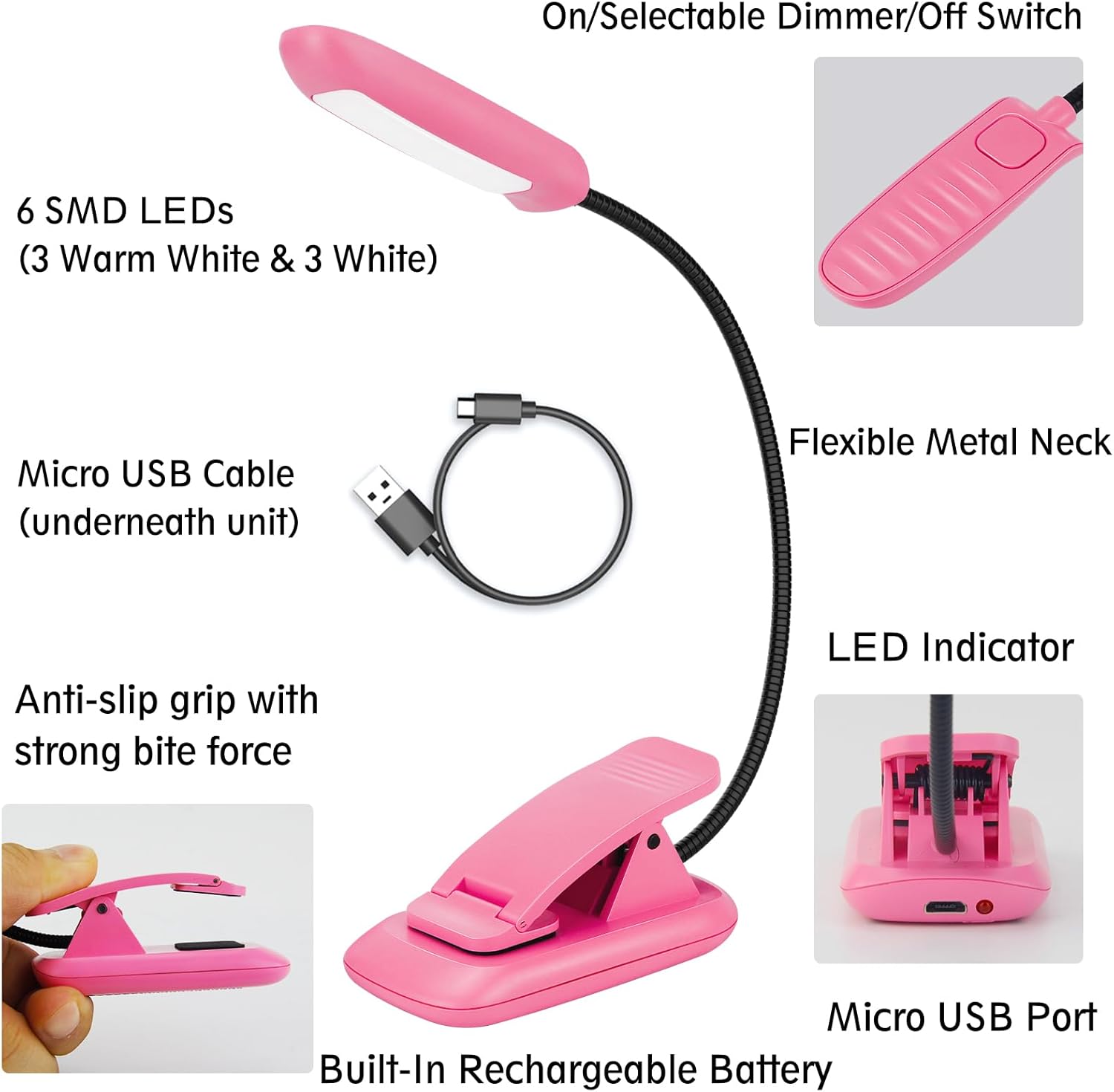 Luz recargable para leer en la cama, lámpara de lectura con brillo ajustable y giratoria de 360, lámpara de escritorio pequeña para el cuidado de