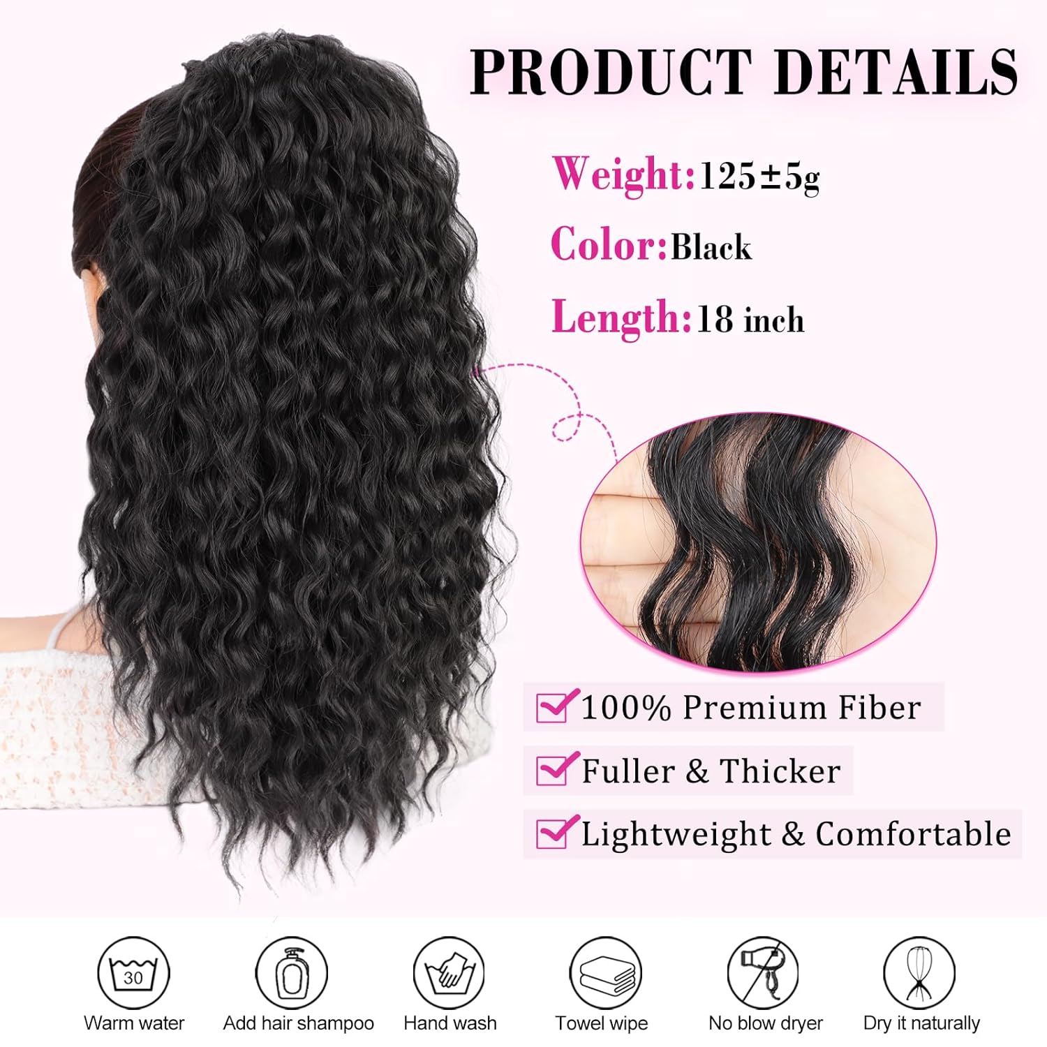 QGZ Extensión de cola de caballo con cordón para mujeres negras, 18 pulgadas, sintética, larga, afro, rizado, esponjoso, para uso diario (negro)