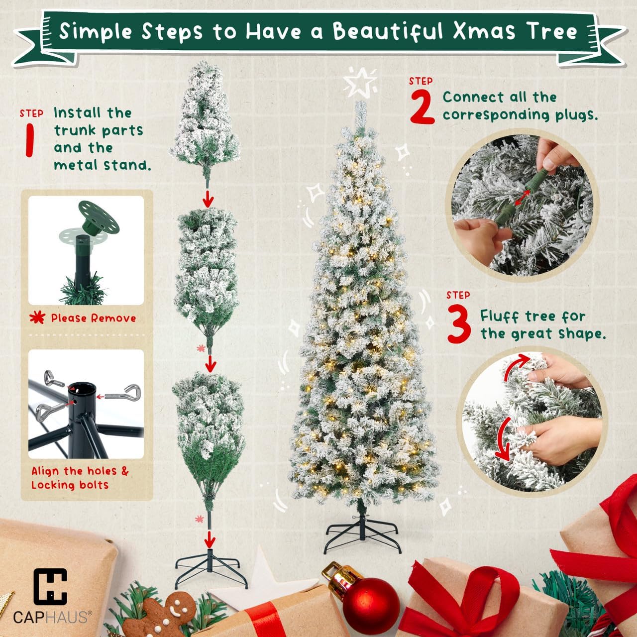 CAPHAUS Árbol de Navidad artificial preiluminado de 7.5 pies con 980 puntas de ramas prearticuladas y soporte plegable, árbol de Navidad delgado