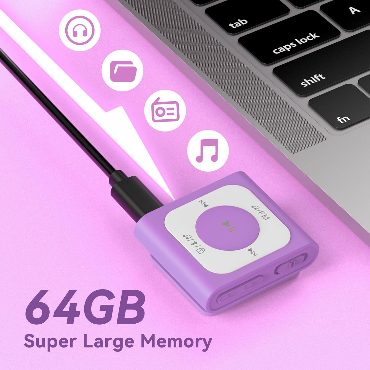 AGPTEK A51PL – Reproductor de MP3 con clip de 64 GB con Bluetooth, reproductor de música portátil con radio FM, no necesita teléfono, para deportes,