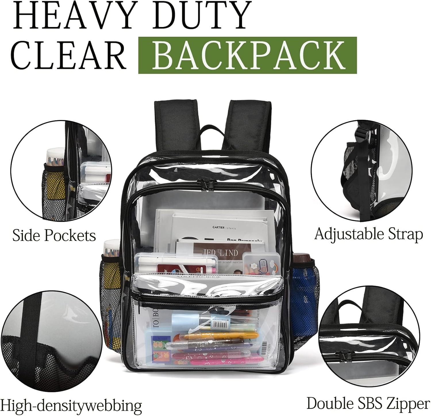 Clear Backpack,Clear Backpacks for School Heavy Duty See Through Bookbag Waterproof Backpack for Men Women,Clear Black